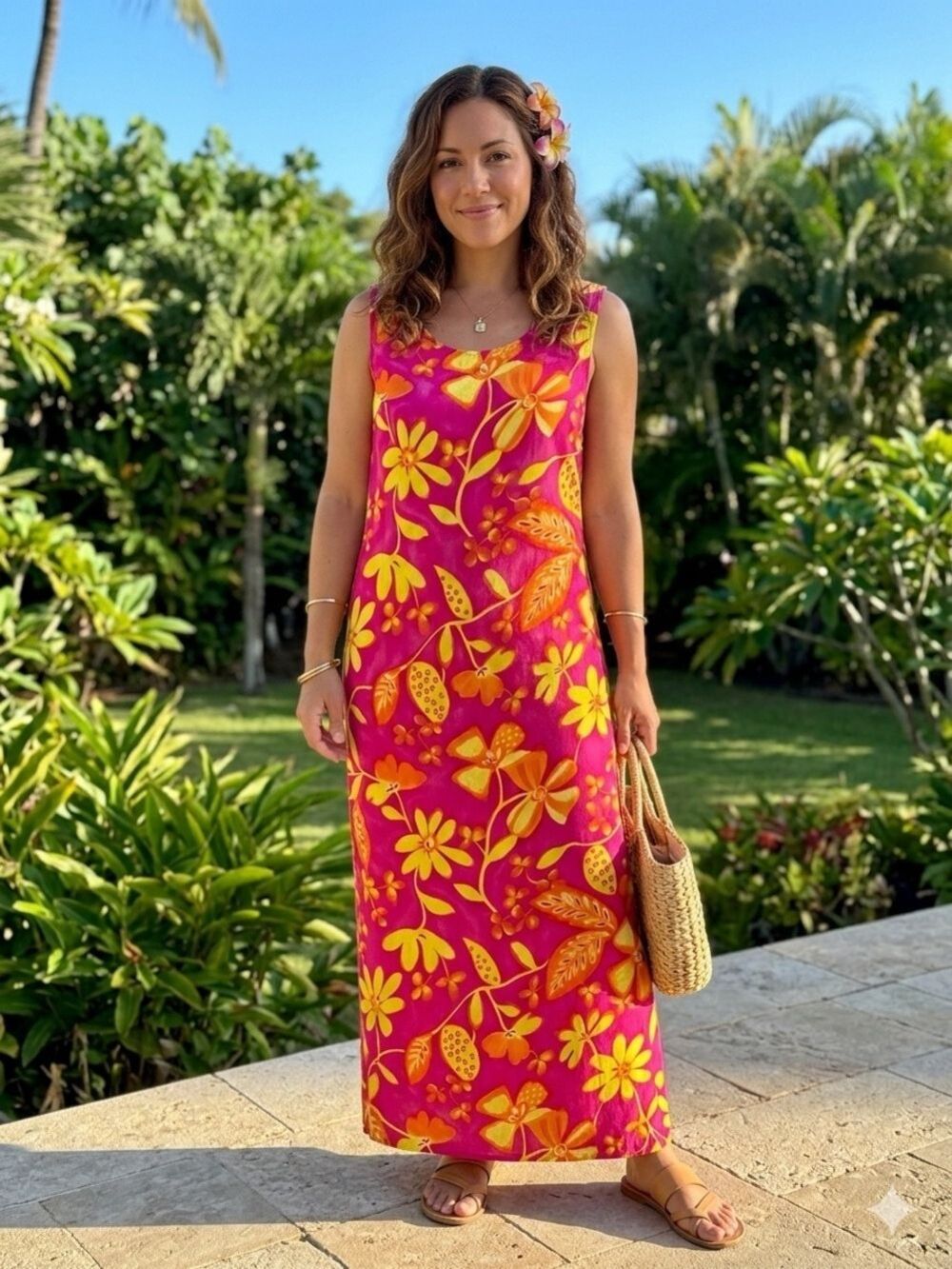 Hanna Andersson Fuchsia and Yellow Floral Rayon Dress maxi Large